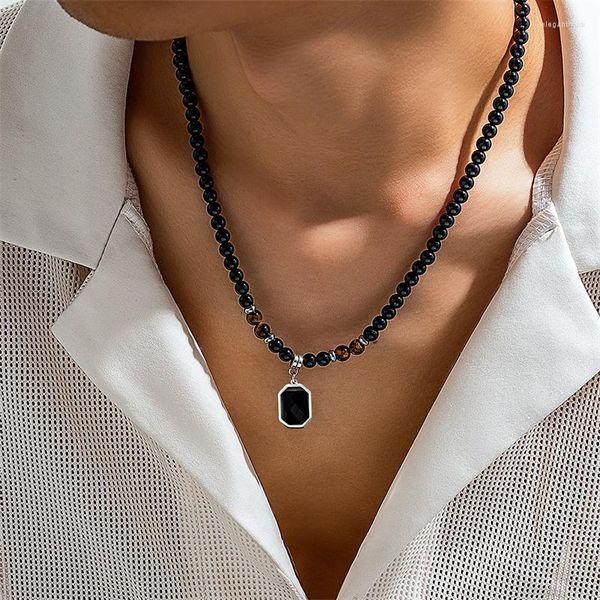 Pendentif Colliers Chaîne en acier inoxydable Tiger Eye Collier en cristal noir Hommes Personnalité Pierre naturelle Strand Bijoux perlés