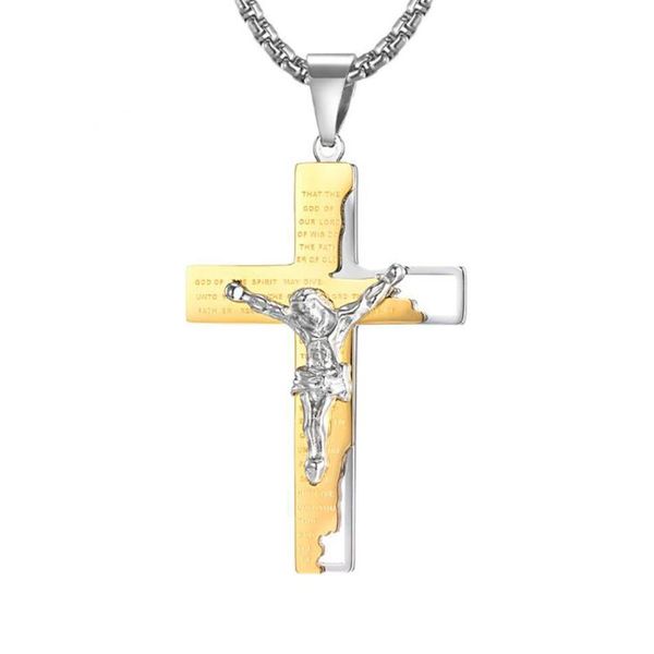 Collares pendientes Acero inoxidable Cristo Jesús Cruz Oro Religioso Biblia Versículo Collar Joyería de moda Regalo para él con ChainPendant