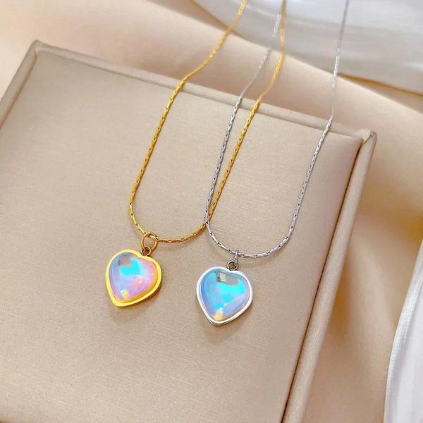 Collares colgantes de acero inoxidable colorido piedra lunar amor corazón para mujeres niñas moda accesorios dulces regalos de joyería