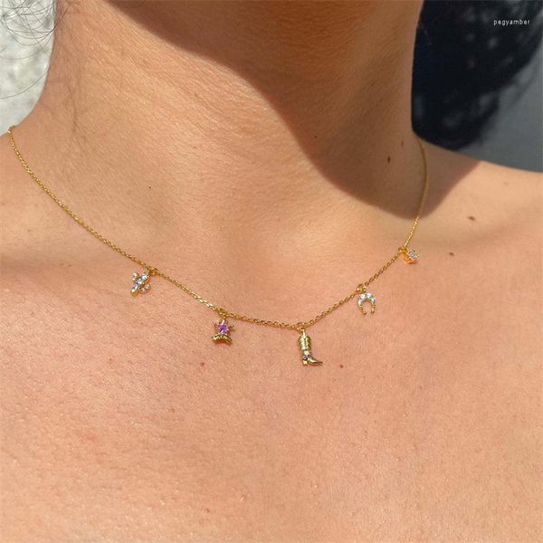 Collares colgantes Botas de vaquero de acero inoxidable Collar de cactus para mujeres Cristal brillante Oro Plata Color Cadena de clavícula Joyería de la suerte Regalo