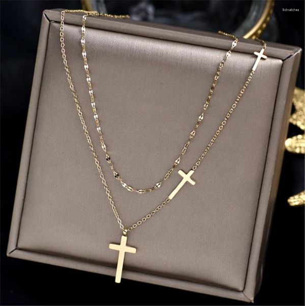 Pendentif Colliers Acier inoxydable Croix Double Couche Collier Femelle Chocker Pour Femmes Collier Femme