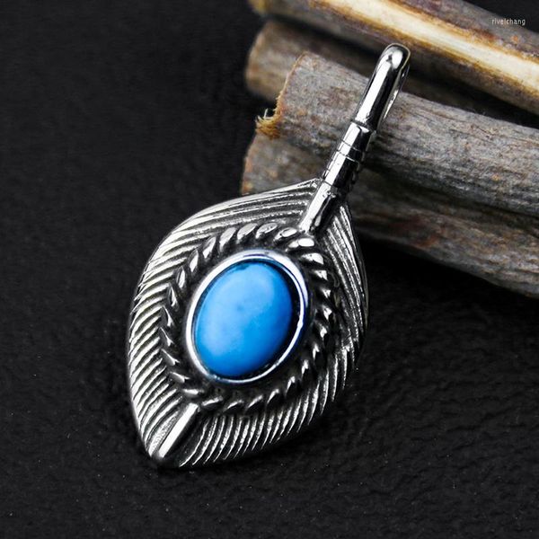 Collares colgantes de acero inoxidable, collar de hoja de la tribu de plumas de águila, piedra azul Punk para mujer, accesorios de joyería Diy bohemio para mujer