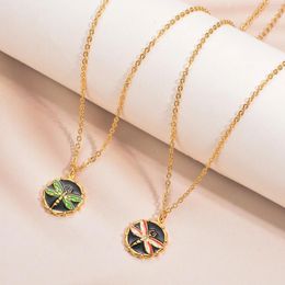 Pendentif Colliers en acier inoxydable émail libellule pendentifs rond charme mode collier chaîne collier pour femmes filles bijoux cadeau