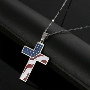 Hangende kettingen roestvrijstalen glazuur christelijke kruis Jezus religieuze hanger ketting Amerikaanse vlag sieraden g220524