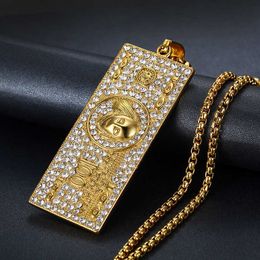 Colliers de pendentif en acier inoxydable Gold Color Us 100 Dollar Money Collier Pendant pour les femmes / hommes Hip Hop Iced Out Full Rhinestone Bling Jewelry T230413