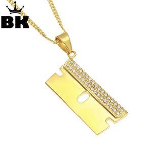 Hanger Kettingen Rvs Goud Kleur Hip Hop Razor Blade Ketting Out Rhinestone Mens Charm Sieraden 3mm * 24 inch Cubaanse ketting