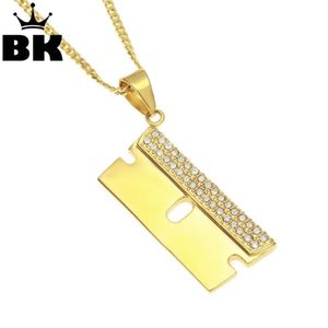 Colliers pendants en acier inoxydable couleur or Hip Hop Razor Blade Collier Out Rimestone Mens Charm Jewelry 3mm 24inch Cuban Chain274o