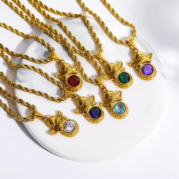 Pendentif Colliers Collier d'ange gardien en acier inoxydable pour femmes Vintage coloré 12 pierres de naissance Zircon bijoux de mode cadeau