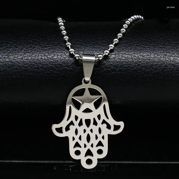 Collares colgantes Mano de acero inoxidable de Fátima Collar de cadena para mujeres Hombres Color plata Hamsa Star Joyería turca S07