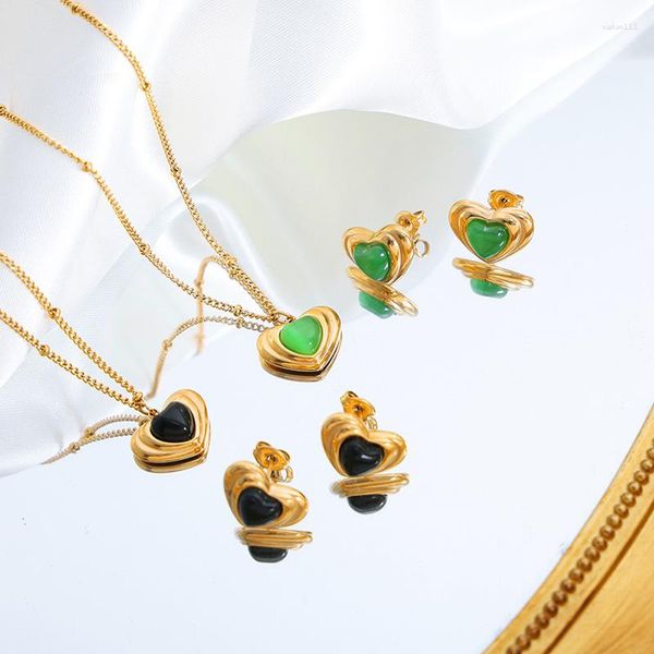 Collares colgantes Collar de piedra de vidrio de corazón de acero inoxidable para mujeres Pendientes de sementales Accesorios