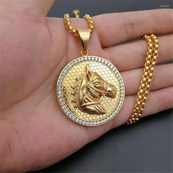 Pendentif Colliers Collier Tête De Cheval En Acier Inoxydable Avec Chaîne Et Couleur Or Glacé Bling Hip Hop Jockey Club Bijoux Ronds S1654