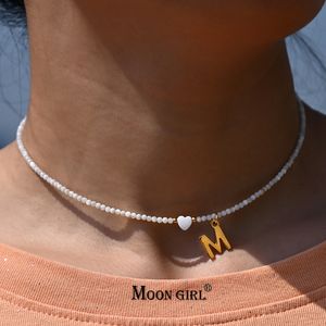 Hanger kettingen roestvrij staal initiële hart ketting voor vrouwen natuurlijke schaal kralen brief choker mode sieraden boho streetwear collier femme 230504