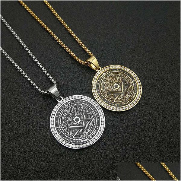 Collares colgantes Acero inoxidable Mason Masonic Annuit Coeptis Collar Colgantes Sier Oro Redondo Relius Punk Gótico Ojo de Horus Charm Dhbxf