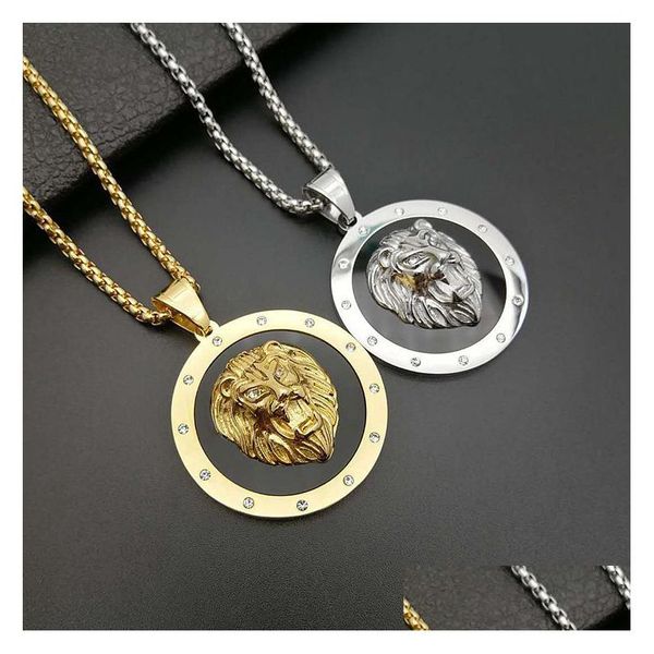 Colliers pendants pour hommes en acier inoxydable or noir punk rond lions tag tag collier collares cristal rinistes harajuku gothi dhlgj