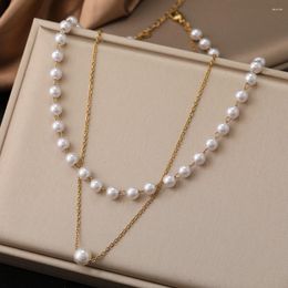 Pendentif Colliers Chaînes de clavicule multicouches en acier inoxydable élégant gros pendentifs de perles collier de perles d'imitation pour les femmes bijoux ras du cou