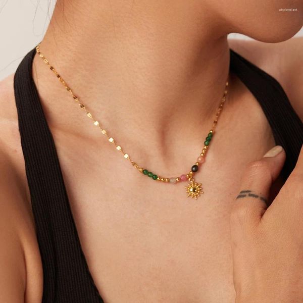 Collares colgantes Collar de cuentas de piedra natural de acero inoxidable para mujeres Chapado en oro Vintage Brillante Sol Joyería de moda Fiesta