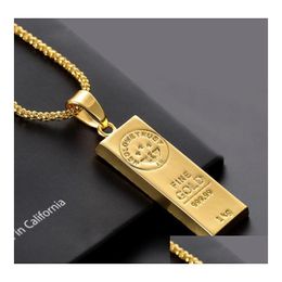 Colliers pendentifs Collier en acier inoxydable glacé en forme de barre d'or pendentif boîte ronde chaîne Fortune charme Hip Hop hommes cadeau de noël Dhsfn