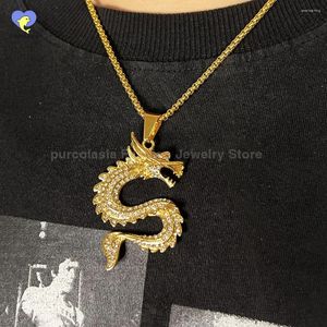 Colliers pendants Collier en acier inoxydable Chaîne de dragon hip hop pour hommes chinois zodiaque glacé bijoux