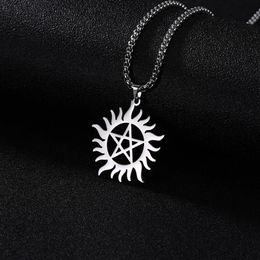 Hanger Kettingen Rvs Shining Sun Pentagram Ketting Supernatural Dean Verklaring Box Chain Sieraden Voor Men304A