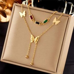 Pendentif Colliers en acier inoxydable bande cristal zircon 2 couches papillon titane bijoux de mode de mariage pour femme