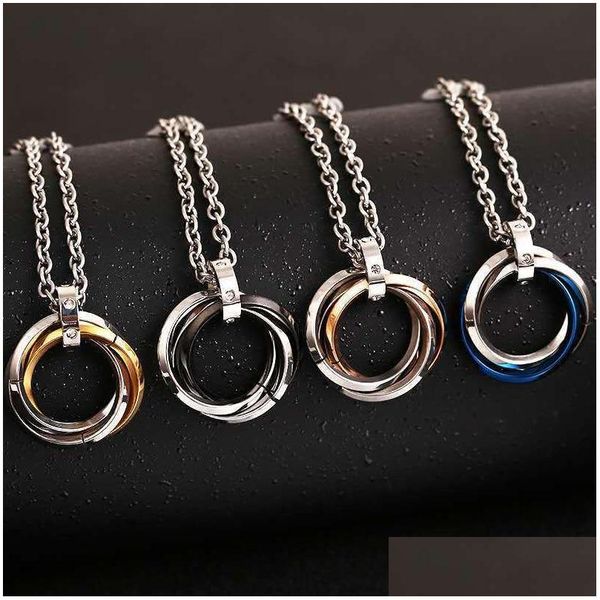 Colliers pendentif en acier inoxydable trois anneaux pendentif collier bague en or colliers en cristal pour femmes hommes bijoux de mode Will et sable Dhph6