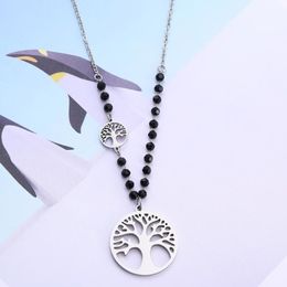Pendant Necklaces Stainless Steel Tree Of Life Necklace Black Crystal Chain Long Collier Bijoux Elegant Women Jewelry Fashion Drop 3356