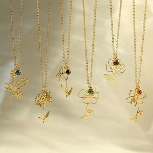 Halsketten mit Anhänger, Edelstahl, Zwölf-Monats-Blume, vergoldet, bunte Geburtsstein-Halskette, klassische Mode, Damenschmuck, Geschenk