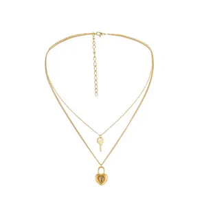 Hangende kettingen roestvrijstalen luxe sieraden 2 -laags liefhebbers vergrendelen sleutel hartvorm charme keten retro choker ketting voor damesspender