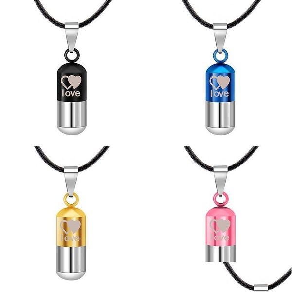 Pendentif Colliers Urne En Acier Inoxydable Crémation Cendres Collier Pour Femmes Hommes Famille Coeur Sauver L'amour Ouvert Médaillon En Cuir Chaîne Couple F Dhclv