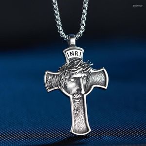 Pendentif Colliers Acier inoxydable Vintage Jesus Cross Collier Simple Titanium Face Hommes