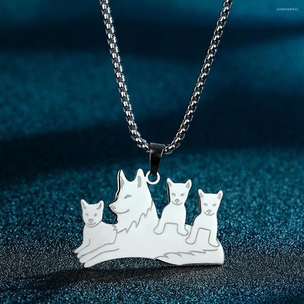 Pendentif Colliers En Acier Inoxydable Loup Avec Trois Chiots Collier Pour Hommes Famille Baby Shower Cadeau Animal Papa Maman Amant Bijoux