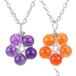 Pendentif Colliers Étoile Fleur Forme 8Mm Boule De Pierre Fil Enroulé Chaîne En Métal Collier Guérison Reiki Chakra Bijoux En Gros Drop Del Dh9Vq