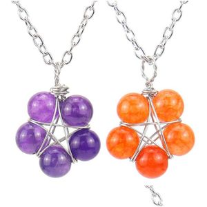 Hangende kettingen Star Bloemvorm 8mm stenen kogel draad gewikkeld metalen ketting ketting genezing reiki chakra sieraden groothandel dhgarden dhhjf