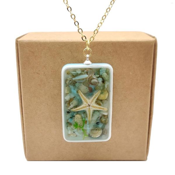 Pendentif Colliers Étoile De Mer Naturel Conque Mer Sable Plage Résine Cuboïde Porcelaine Or Couleur Chaîne Long Collier Femmes Boho Bijoux De Mode