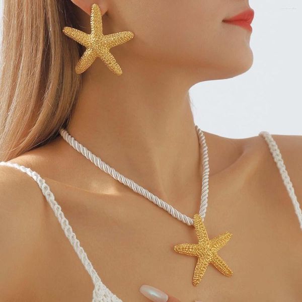 Collares pendientes Collar de estrella de mar Pendientes para mujer Personalidad Moda Mujer Color dorado Pendiente de botón Verano Playa Accesorios de joyería