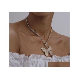 Pendentif Colliers Statment Big Butterfly Collier Hip Hop Glacé Strass Chaîne Pour Femmes Bling Tennis Cristal Animal Ras Du Cou Juif Otadv