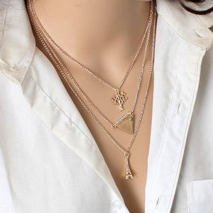 Pendentif Colliers Steampunk Chaîne Multi Couche Collier Gold-Color Maxi avec Tower Tree Triangle Charm Déclaration Collier