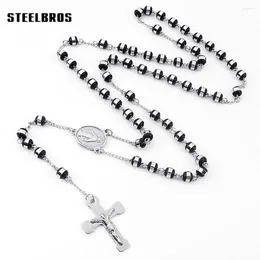 Collares colgantes STEELBROS 6 mm Cuentas negras Collar de rosario católico Acero inoxidable Jesús Crucifijo Cruz Hombres Mujeres Joyería religiosa Regalo