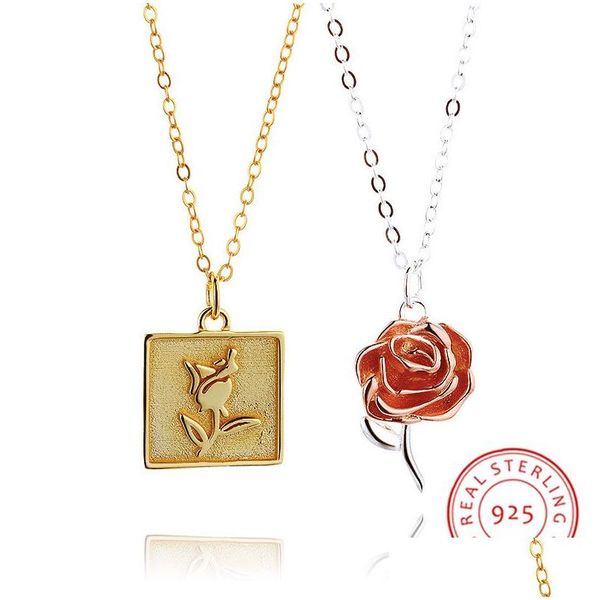 Collares colgantes Sterling 100% 925 Sier Rose Collar Chapado en oro Joyería romántica Nuevo diseño para el regalo del día de San Valentín Entrega de gota P DHA7L