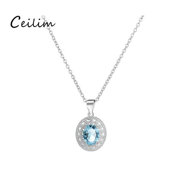 Collares colgantes Sterling Sier Blue Crystal Rhinestone Collar Simated Gemstone para mujeres Niñas Venta al por mayor Entrega de gota Joyería Pen OTNMF