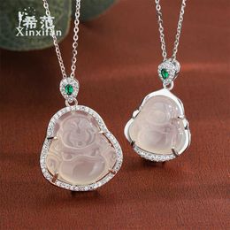 Hangertjeskettingen Sterling Zilver met Diamanten en Witte Jade Merg Maitreya Boeddha Ketting Nieuwe Chinese Stijl Eenvoudig Licht Luxe Exquise Boeddha St Fe5b