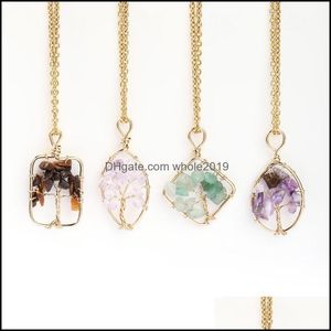 Colliers pendants Stone Crystal Charms Copper Twine Tree of Life Wrap Wrap Amethyst Tiger Eye Rose Quartz Bijoux en gros Drop Deliv DH37T