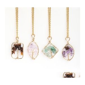 Collares pendientes Encantos de cristal de piedra Cuerda de cobre Árbol de la vida Envoltura de alambre Amatista Ojo de tigre Cuarzo rosa Joyería al por mayor para Wome Dhqrn