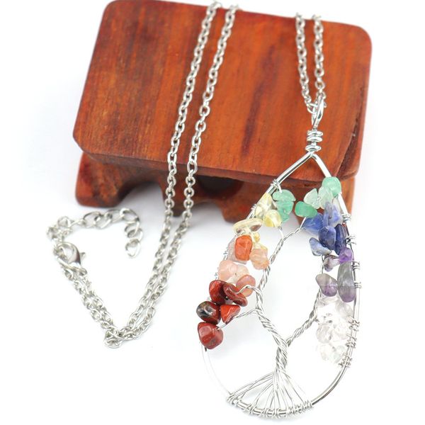 Colliers pendants Stone Crystal Charms Copper Twine Tree of Life Wrap Wrap Amethyst Tiger Eye Rose Quartz Bijoux en gros