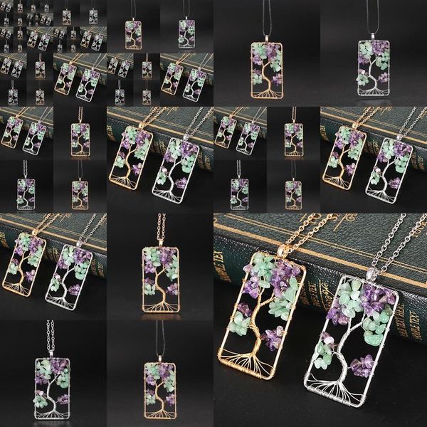 Colliers pendants Stone Crystal Charms Copper Twine Tree of Life Wrap Wrap Amethyst Tiger Eye Rose Quartz Bijoux en gros