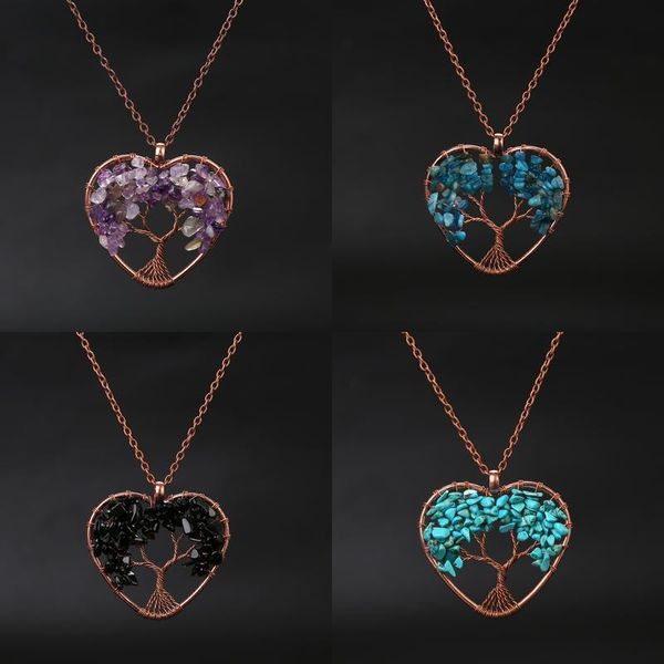 Colliers pendants Stone Crystal Charms Copper Twine Tree of Life Wrap Wrap Amethyst Tiger Eye Rose Quartz Bijoux en gros