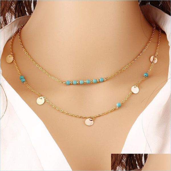 Chaîne gland barre Mtilayer collier Vintage Boho Turquoise perles pendentifs longues breloques chaînes livraison directe bijoux Dhx16