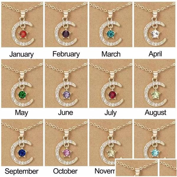 Collares colgantes estilo luna estrella collar de piedra de nacimiento tarjeta de deseo para mujeres cristal color oro cadena de clavícula mamá joyería de cumpleaños gif dhsgx