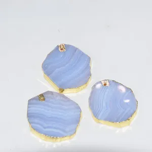 Pendentif Colliers Style Naturel Tranche Bleu Calcédoine Irrégulière Femmes 2023 Plaqué Or Dalle Dalle Agate Pierre Femme Accessoires 5pc