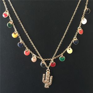 Pendentif Colliers Vacances d'été Placage de couleur d'or Émail coloré Charme de disque rond avec collier en couches de cactus pour femmes GirlPendant